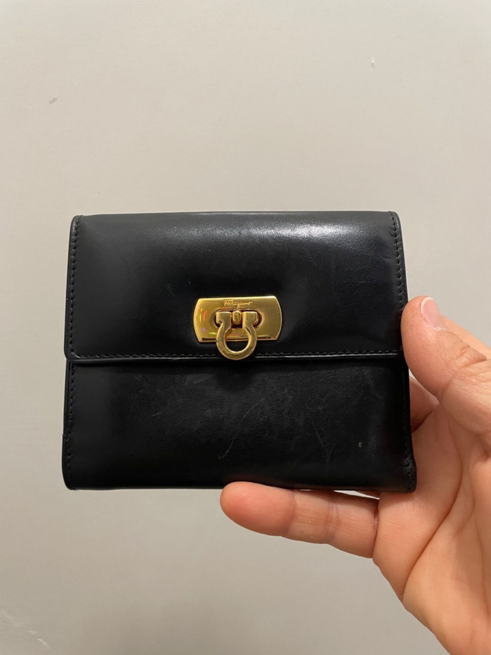 Salvatore Ferragamo Black Leather Compact Wallet with Gold Gancini Original